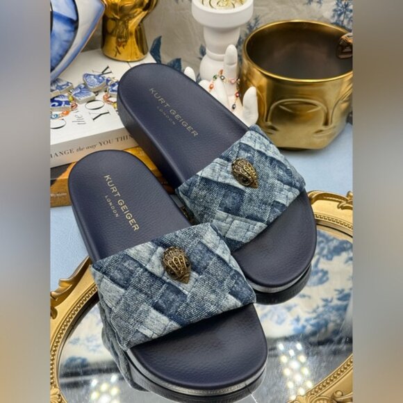 🆕 KURT GEIGER LONDON 🧿 NWOT Blue Denim Meena Eagle Slides, Sz EU 36.5 US 6.5 - Picture 7 of 14
